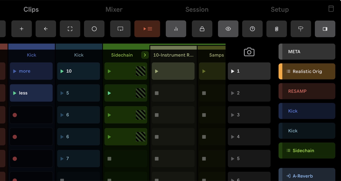The Knobbler app toolbar with the new Back to Arrangement button lit up orange, sitting beside a colorful session clip grid.